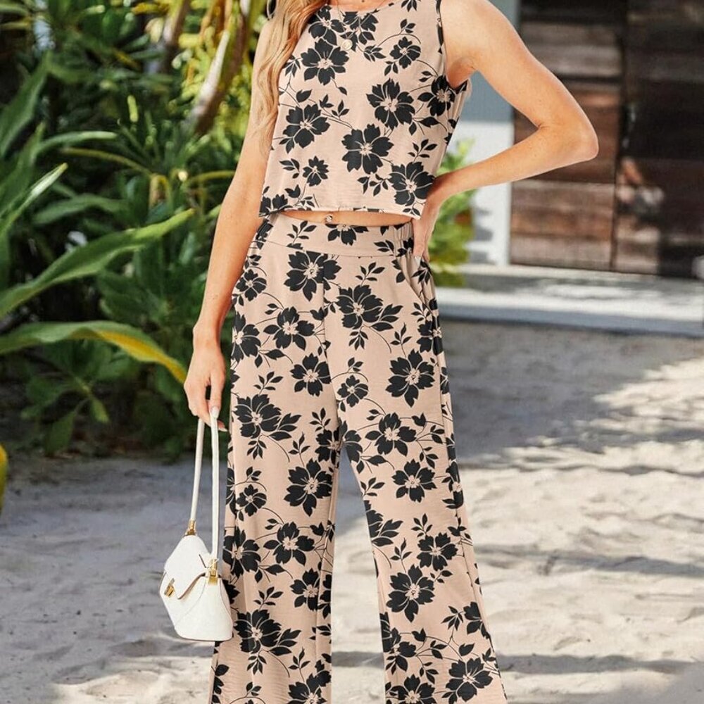 Women's Summer 2 Piece Outfit Set Crop Top Wide Leg Pants Pockets Jumpsuit - Picture 3 of 5